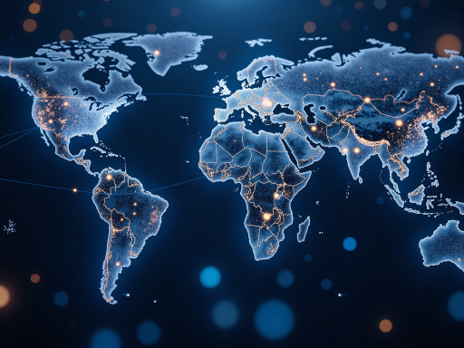 世界地图背景,多个城市地标建筑轮廓,象征国际化视野,深色背景